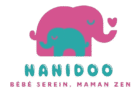Logo de Nanidoo avec une éléphante rose et un éléphanteau vert turquoise, illustrant la tendresse maternelle et la sérénité de l’univers bébé-maman