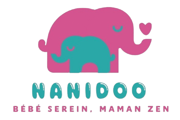 Logo de Nanidoo avec une éléphante rose et un éléphanteau vert turquoise, illustrant la tendresse maternelle et la sérénité de l’univers bébé-maman